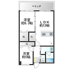 ラフィーネヌーベル嘉数 2LDKの間取図画像