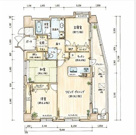 3ＬＤＫ間取り？？和室6.1帖？洋室6.6帖・7.1帖？リビング14.1帖