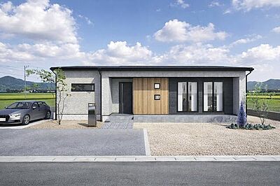 外観:やわらかなグレーカラーに、木目の温もりをプラス。素材の質感で魅せる、洗練された平屋デザインです。※画像はイメージパースです 外観:やわらかなグレーカラーに、木目の温もりをプラス。素材の質感で魅せる、洗練された平屋デザインです。※画像はイメージパースです