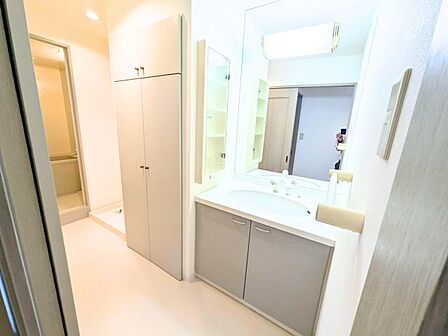 身支度に便利な大きな鏡付きの洗面化粧台。足元や鏡の横に小物をしまえる収納スペースを完備。
