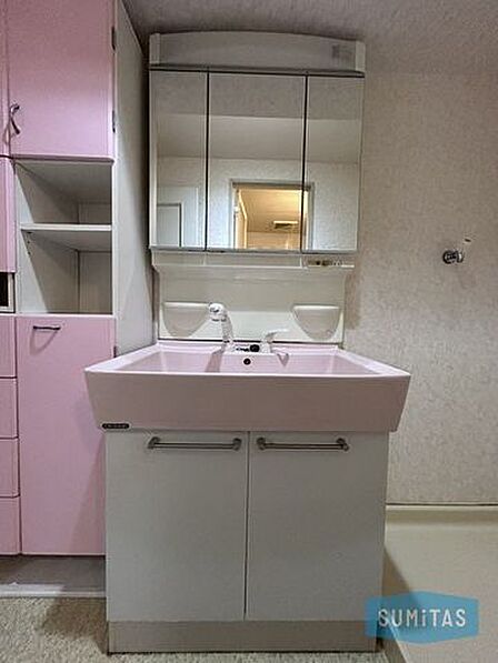 洗面室にある洗面台です♪人気の三面鏡タイプで下部にも収納がついております♪