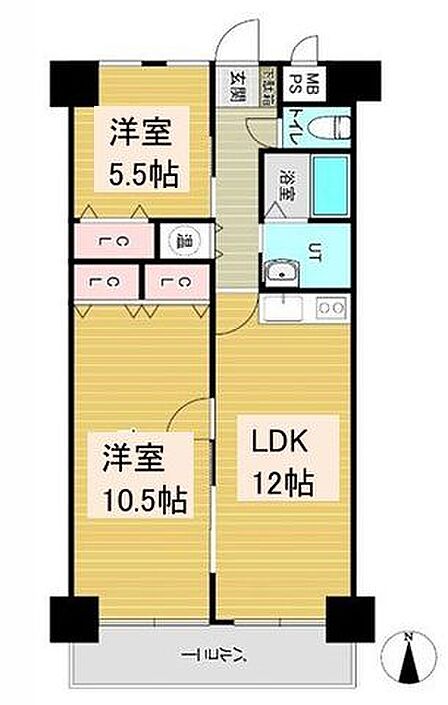 【間取り】12帖のLDKと10.5帖の洋室がバルコニー側に並ぶ2LDK。