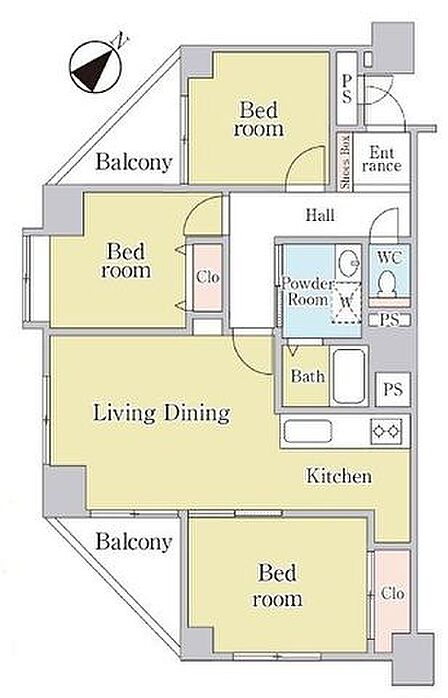 【間取図】全居室に窓を備えた通風・採光に優れた3LDKの間取り。