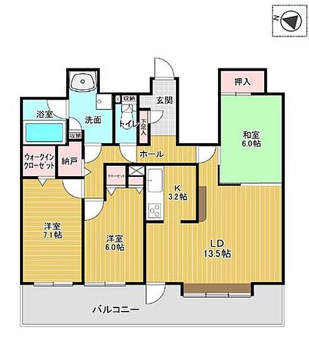 【間取図】13.5帖のLDに加えWICや納戸など収納が充実した3LDK!