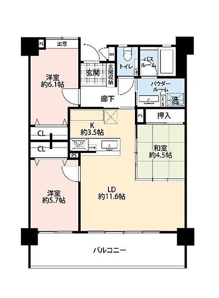 3LDK(和 4.5 / 洋 6.1・5.7 / LDK 15.1)