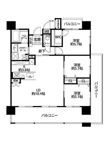 3LDK(LDK22.2/洋6.7/洋5.1/洋5.1)