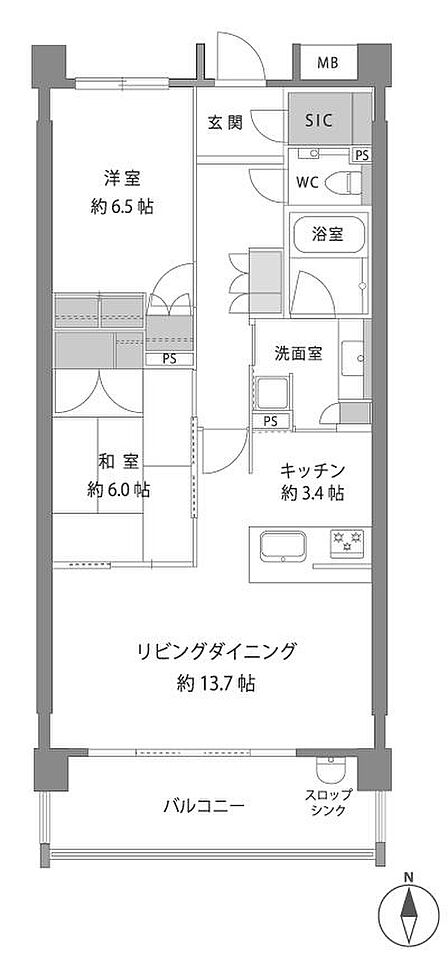 専有面積72.00m2(約21.78坪)2LDK