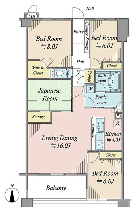 4LDK、専有面積100.04m2、バルコニー面積9.4m2