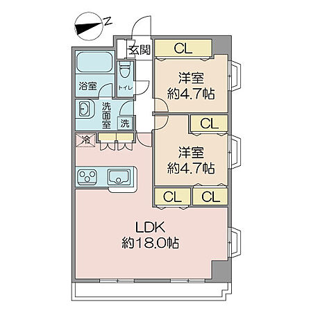 専有面積60.9m2・2LDK 広々18帖のLDK 洋室2部屋・リビングには出窓