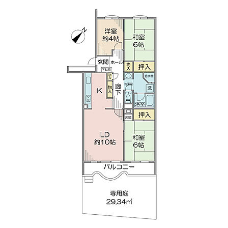 専有面積72.85ｍ2・3LDKタイプ　1階部分・29.34ｍ2の専用庭付住戸