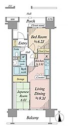 オーベルグランディオ萩中サウスウィング 2LDKの間取図画像