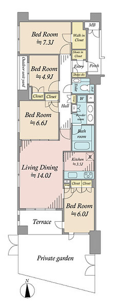 南西角部屋、専有面積96.4m2、専用庭面積26.77m2 、バルコニー面積7.31m2