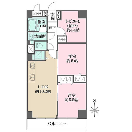 LDKから洋室2室へ出入りでき、生活動線良好な間取り。納戸あり、各洋室にはクローゼットなど収納豊富。