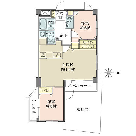 16平米超の広々とした専用庭付き住戸。三方角住戸につき、風通しの良い住まいです。全居室に収納付き。