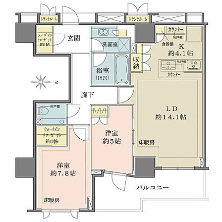 5階部分、全居室東向きのワイドスパン住戸。LDKは合計18帖超。LD・洋室約7.8帖に床暖房有り。