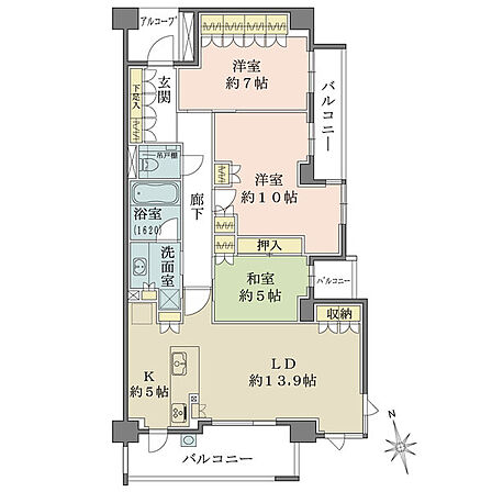 南・東2面3箇所のバルコニー付きで陽当り・通風良好。全居室に収納有。独立性が高いアルコーブ付きです。