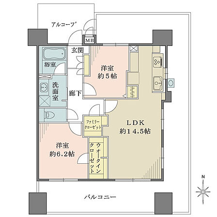 三方をぐるりと囲む引き回しバルコニー付きで開放感のある住戸。ファミリークローゼットなど収納豊富です。