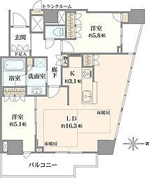 プラウドタワー北浜 2LDKの間取図画像