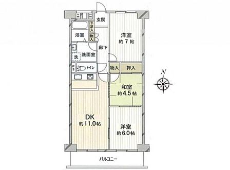 専有面積67.54m2、バルコニー面積7.12m2 、3LDK邸宅
