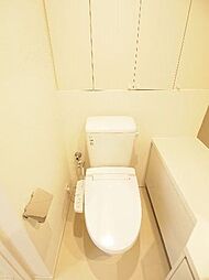 多機能便座付のトイレです。後ろには開き戸の収納スペースがあり、備品を綺麗に収納出来ます。横には洗面化粧台のカウンターが伸びているのでお好みの小物で飾ってあなたらしさを演出して下さい♪