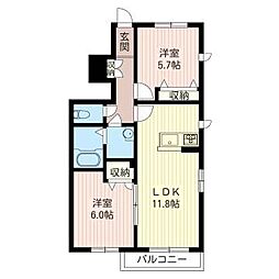 プロヌーブ小山A 2LDKの間取図画像