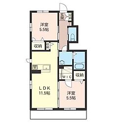 ロゼリア若宮B 2LDKの間取図画像
