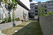 ちょっとしたコモンスペースがあり、芝生の上にベンチがあります♪