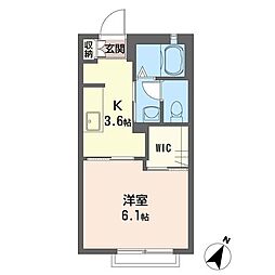 ウハラハイツC 1Kの間取図画像