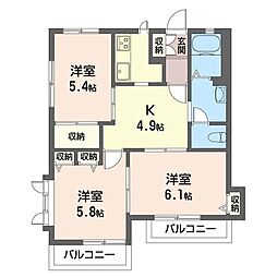 ボヌール夏山 3Kの間取図画像