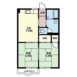ソレイユ上野川A 2DKの間取図画像