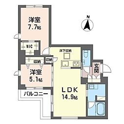ルガール山王 2LDKの間取図画像