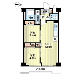朝日大山マンション 2DKの間取図画像