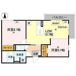 アレ・デ・フルール西向日駅前A棟 2LDKの間取図画像