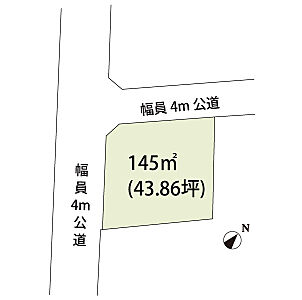 区画図：開放感あふれる角地に位置した売地です。