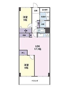 間取り:南向きの陽当たり良い2LDK。LDK17帖を確保したゆとりある居住空間です。 間取り:南向きの陽当たり良い2LDK。LDK17帖を確保したゆとりある居住空間です。