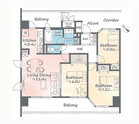 【3LDK】2面バルコニー付！トランクルームや各居室にクローゼット付きお部屋です！