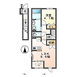 ブランシェ・憩II 2階1LDKの間取り