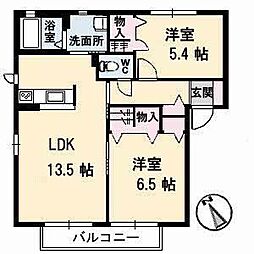 ラ・パルテール福田伍番館 2LDKの間取図画像