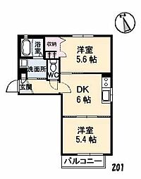 ラ・パルテール中畝 2DKの間取図画像