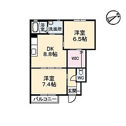 パインデューA 2DKの間取図画像