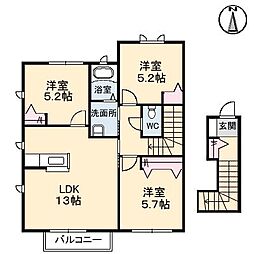 エール東原　Ａ棟 2階3LDKの間取り