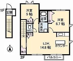 ブランシエ野原A 2LDKの間取図画像