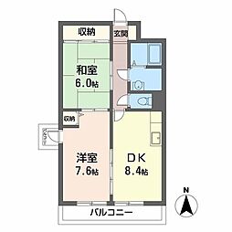 大西ハウス東住吉 2DKの間取図画像