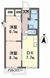 タウニィ井口北棟 2DKの間取図画像