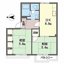 タウニー上四条B棟 2DKの間取図画像