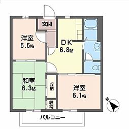 フォレストコートB棟 3DKの間取図画像