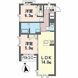 トゥーツリーズ城下町 2LDKの間取図画像