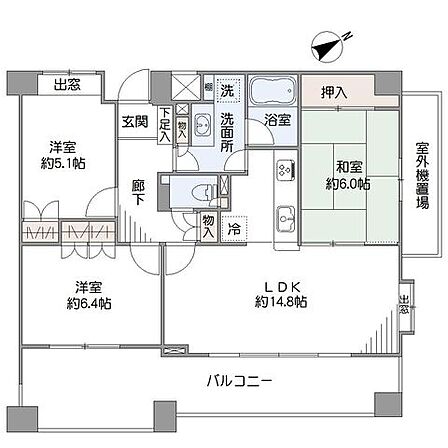 【間取図】LDKと約6.4帖の洋室が南東向きバルコニーに面しています。洗面所はキッチンからも出入りが可能で、家事動線良好な間取りです。