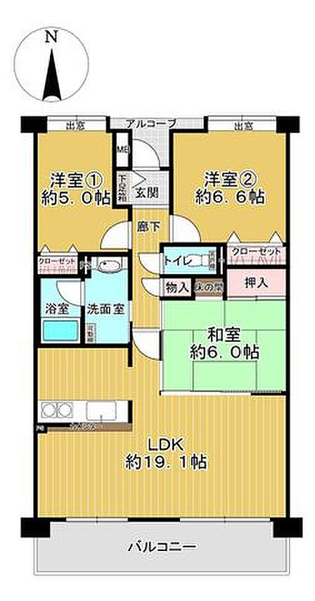 。和室1部屋+洋室2部屋が配置されています。バルコニーは南向き。和室・各洋室・廊下に、収納スペースが備わっています。