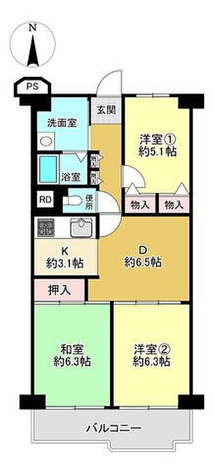 。洋室2部屋+和室1部屋が配置されており、約5.1帖の洋室(1)と和室に収納スペースが備わっています。2部屋に面する、南向きバルコニー付き。